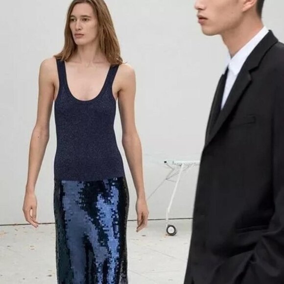 MSRP 225 NEW COS SEQUIN DRESS SMALL MIDI TRUMPET STYLE TANK KNIT SHIMMER SEQUINS - Picture 12 of 12